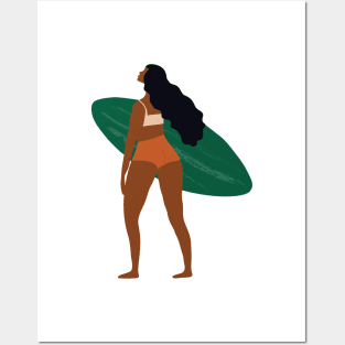 Woman and surfboard 1 Posters and Art